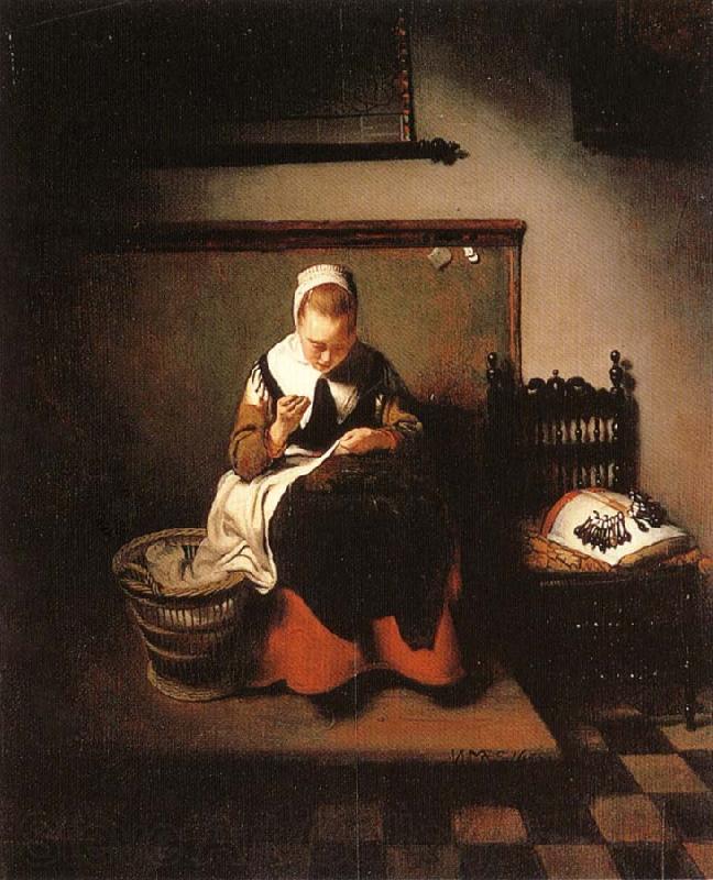 MAES, Nicolaes A Young Woman Sewing Norge oil painting art